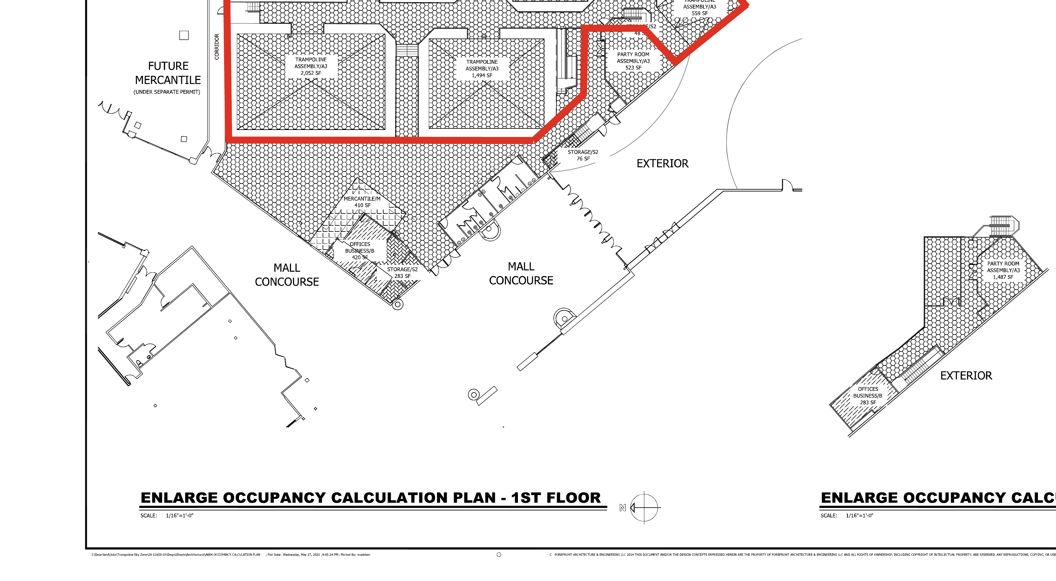 Architectural floorplan of Unit C01 showing trampoline floor, party rooms, offices, mercantile, and storage across two floors
