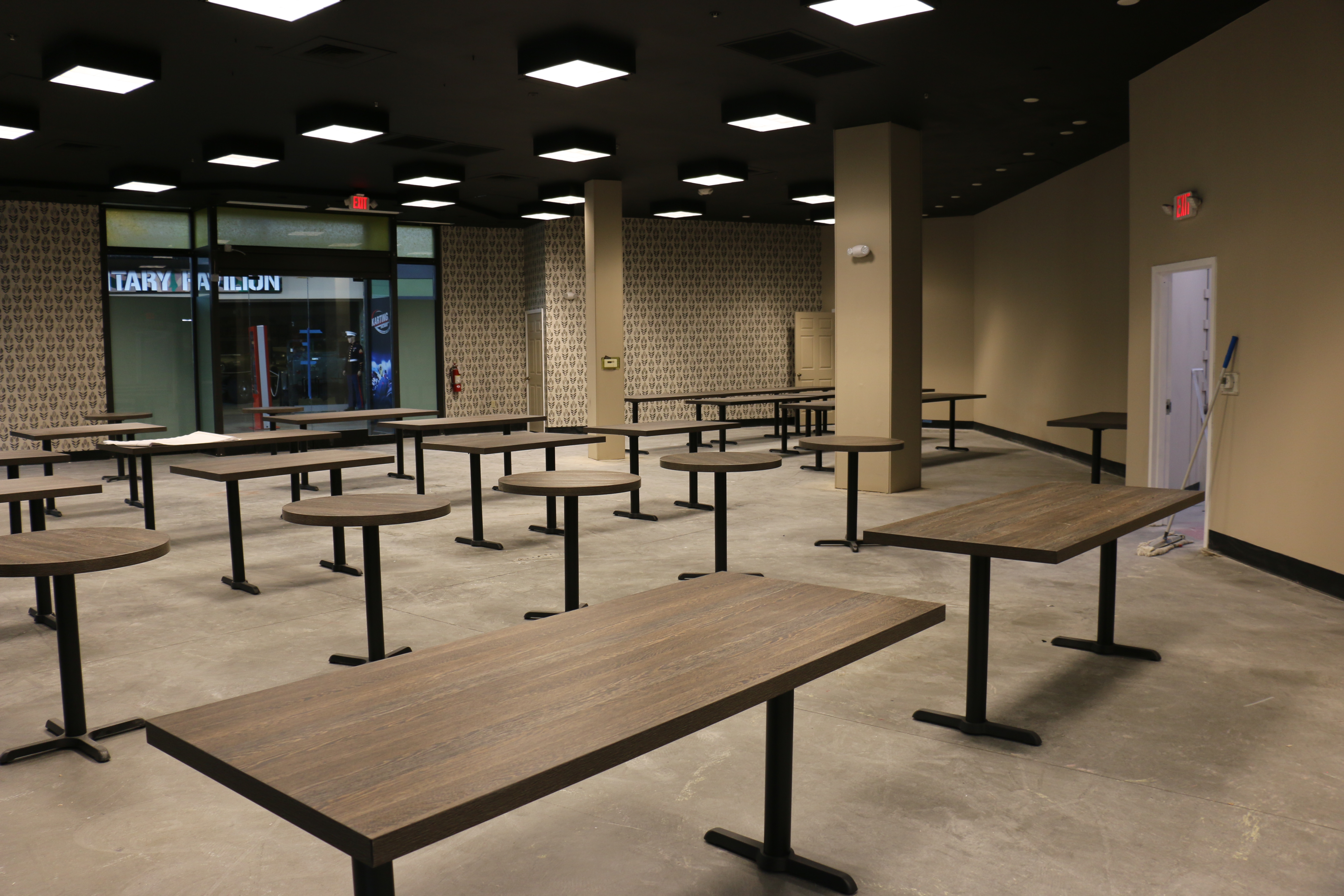 Interior seating area near Military Pavilion storefront